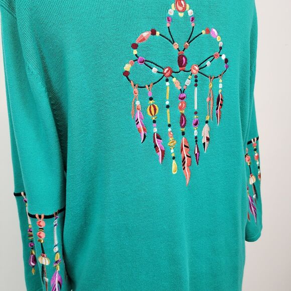 Bob Mackie Wearable Art Cardigan Sweater Size XL Green Dreamcatcher Embroidered - Picture 6 of 16